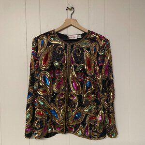 Vintage Laurence Kazar NY Paisley Sequin Beaded Jacket, 100% Silk, Large.